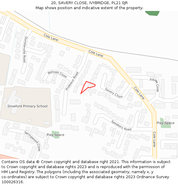 20, SAVERY CLOSE, IVYBRIDGE, PL21 0JR: Location map and indicative extent of plot