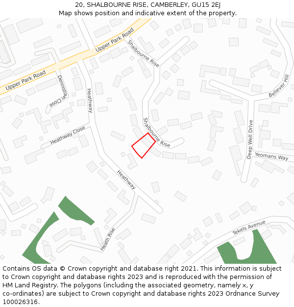 20, SHALBOURNE RISE, CAMBERLEY, GU15 2EJ: Location map and indicative extent of plot