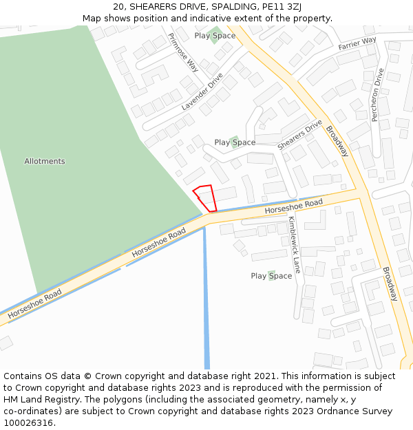 20, SHEARERS DRIVE, SPALDING, PE11 3ZJ: Location map and indicative extent of plot