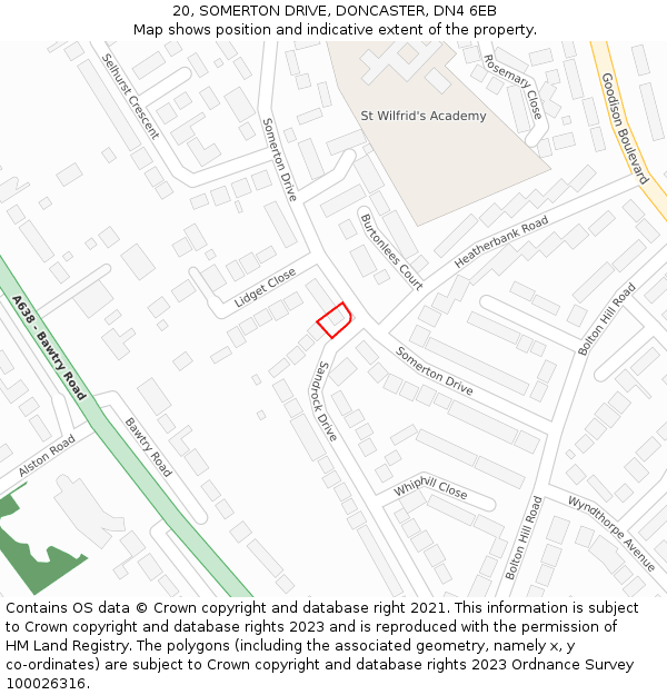 20, SOMERTON DRIVE, DONCASTER, DN4 6EB: Location map and indicative extent of plot