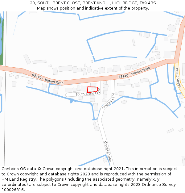 20, SOUTH BRENT CLOSE, BRENT KNOLL, HIGHBRIDGE, TA9 4BS: Location map and indicative extent of plot