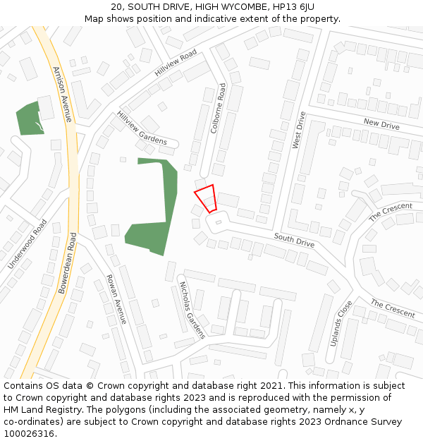 20, SOUTH DRIVE, HIGH WYCOMBE, HP13 6JU: Location map and indicative extent of plot