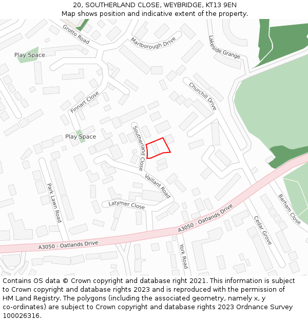 20, SOUTHERLAND CLOSE, WEYBRIDGE, KT13 9EN: Location map and indicative extent of plot