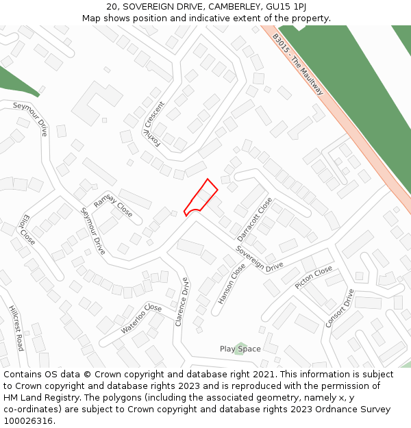 20, SOVEREIGN DRIVE, CAMBERLEY, GU15 1PJ: Location map and indicative extent of plot