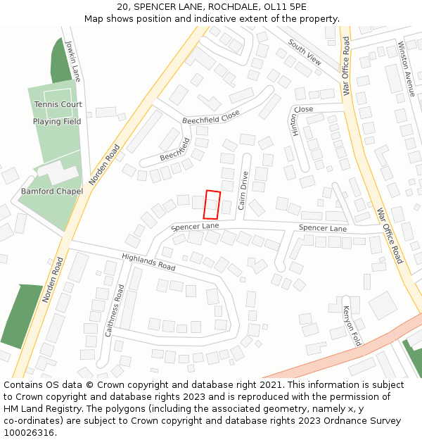 20, SPENCER LANE, ROCHDALE, OL11 5PE: Location map and indicative extent of plot