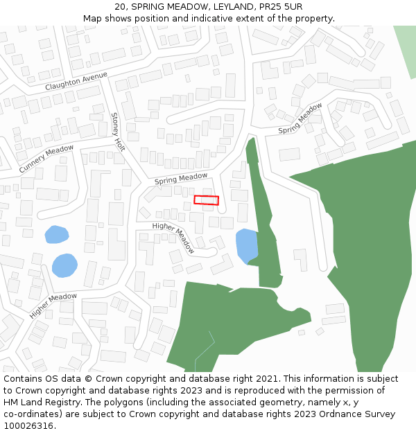 20, SPRING MEADOW, LEYLAND, PR25 5UR: Location map and indicative extent of plot
