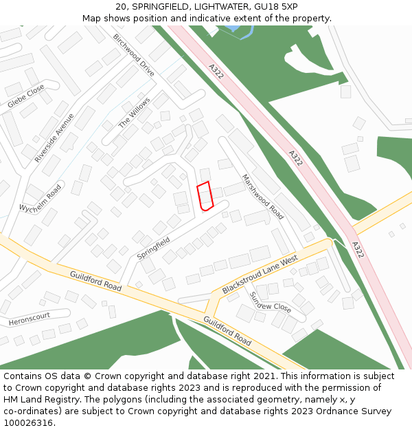 20, SPRINGFIELD, LIGHTWATER, GU18 5XP: Location map and indicative extent of plot