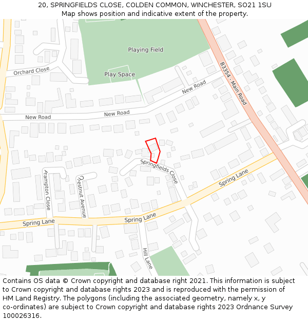 20, SPRINGFIELDS CLOSE, COLDEN COMMON, WINCHESTER, SO21 1SU: Location map and indicative extent of plot