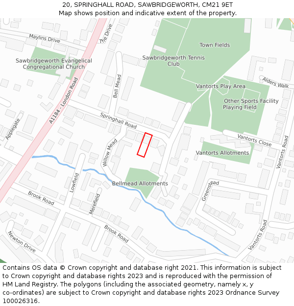 20, SPRINGHALL ROAD, SAWBRIDGEWORTH, CM21 9ET: Location map and indicative extent of plot