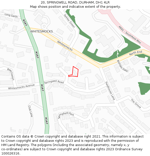 20, SPRINGWELL ROAD, DURHAM, DH1 4LR: Location map and indicative extent of plot