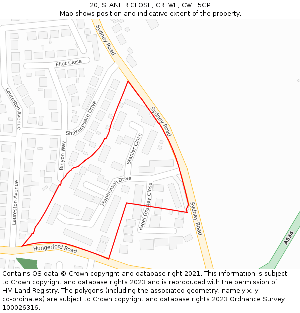 20, STANIER CLOSE, CREWE, CW1 5GP: Location map and indicative extent of plot