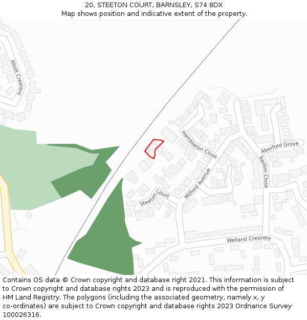 20, STEETON COURT, BARNSLEY, S74 8DX: Location map and indicative extent of plot