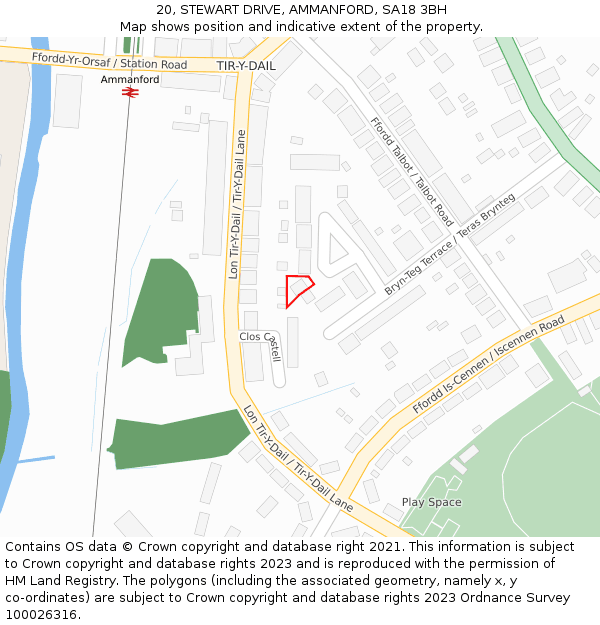 20, STEWART DRIVE, AMMANFORD, SA18 3BH: Location map and indicative extent of plot