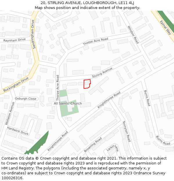 20, STIRLING AVENUE, LOUGHBOROUGH, LE11 4LJ: Location map and indicative extent of plot