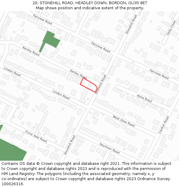 20, STONEHILL ROAD, HEADLEY DOWN, BORDON, GU35 8ET: Location map and indicative extent of plot