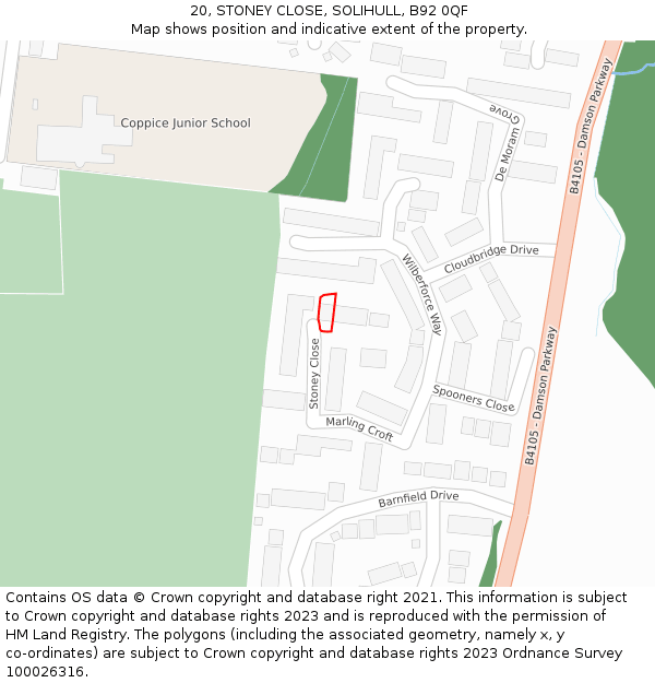 20, STONEY CLOSE, SOLIHULL, B92 0QF: Location map and indicative extent of plot