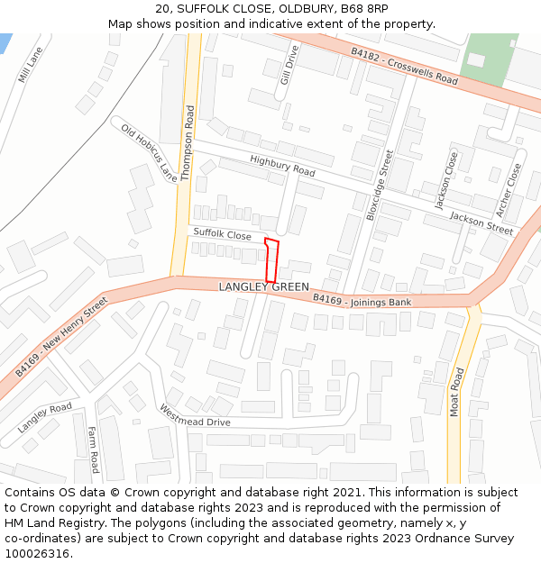 20, SUFFOLK CLOSE, OLDBURY, B68 8RP: Location map and indicative extent of plot