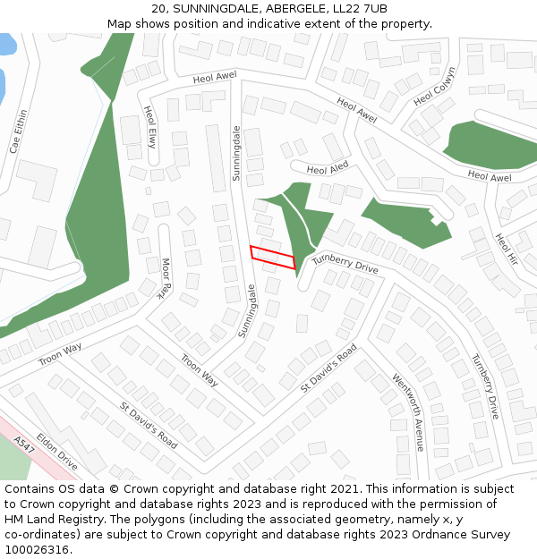 20, SUNNINGDALE, ABERGELE, LL22 7UB: Location map and indicative extent of plot