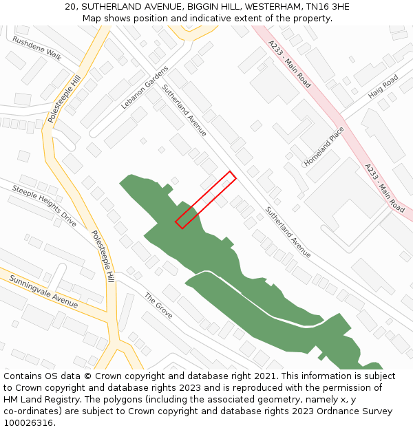 20, SUTHERLAND AVENUE, BIGGIN HILL, WESTERHAM, TN16 3HE: Location map and indicative extent of plot