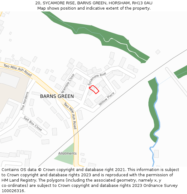 20, SYCAMORE RISE, BARNS GREEN, HORSHAM, RH13 0AU: Location map and indicative extent of plot