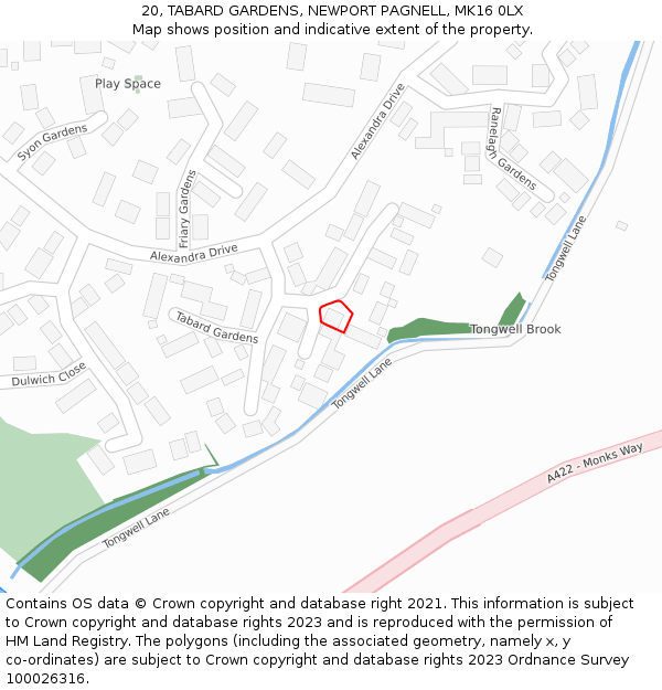 20, TABARD GARDENS, NEWPORT PAGNELL, MK16 0LX: Location map and indicative extent of plot