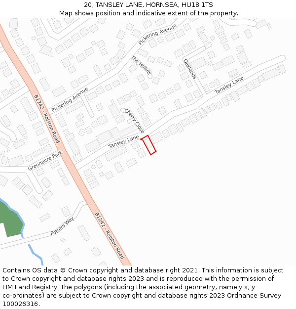 20, TANSLEY LANE, HORNSEA, HU18 1TS: Location map and indicative extent of plot