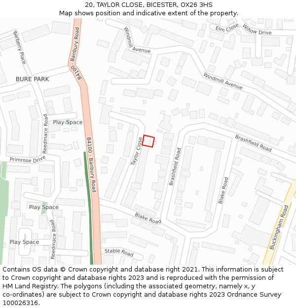 20, TAYLOR CLOSE, BICESTER, OX26 3HS: Location map and indicative extent of plot