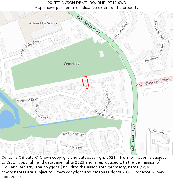 20, TENNYSON DRIVE, BOURNE, PE10 9WD: Location map and indicative extent of plot