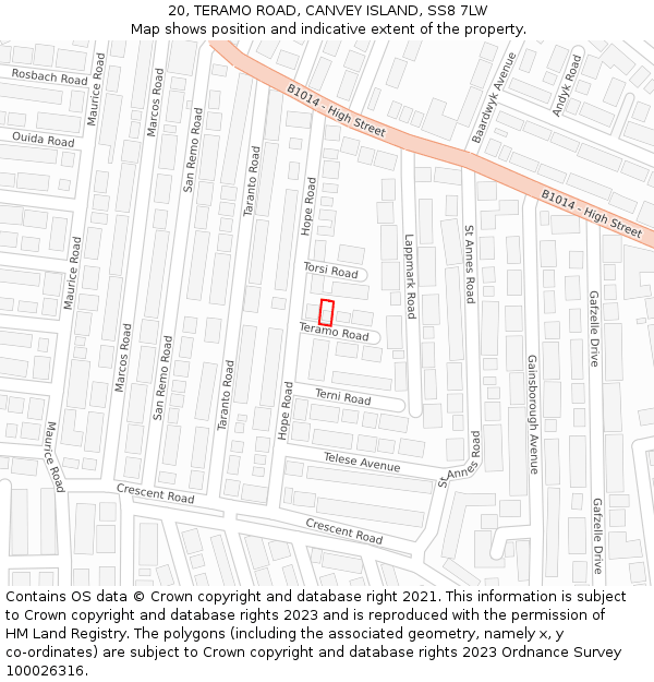 20, TERAMO ROAD, CANVEY ISLAND, SS8 7LW: Location map and indicative extent of plot