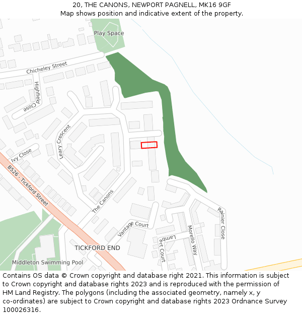 20, THE CANONS, NEWPORT PAGNELL, MK16 9GF: Location map and indicative extent of plot