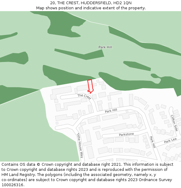 20, THE CREST, HUDDERSFIELD, HD2 1QN: Location map and indicative extent of plot