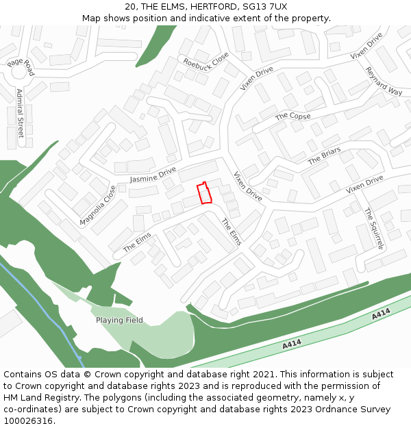 20, THE ELMS, HERTFORD, SG13 7UX: Location map and indicative extent of plot