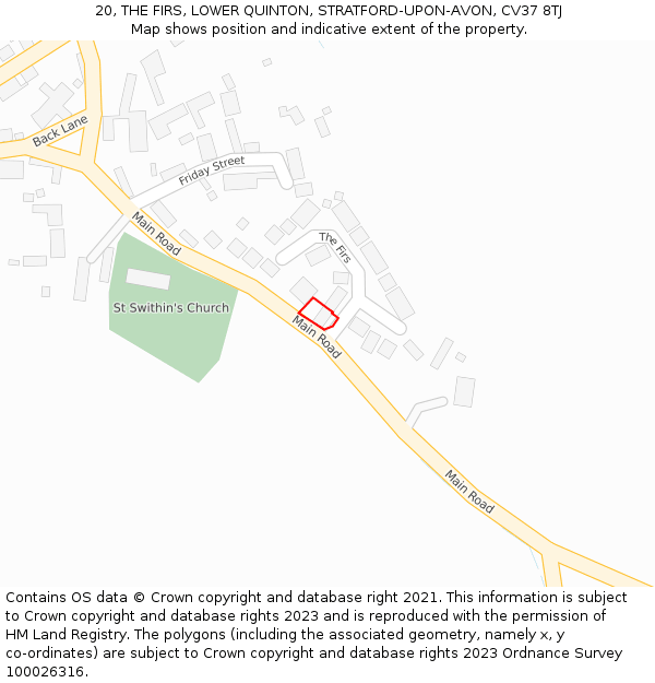 20, THE FIRS, LOWER QUINTON, STRATFORD-UPON-AVON, CV37 8TJ: Location map and indicative extent of plot