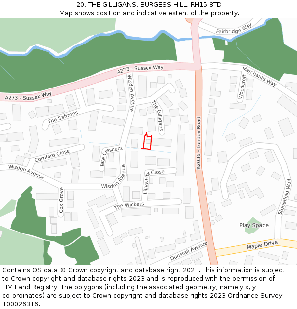 20, THE GILLIGANS, BURGESS HILL, RH15 8TD: Location map and indicative extent of plot