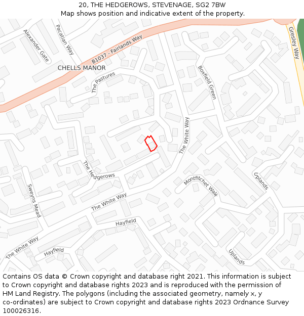 20, THE HEDGEROWS, STEVENAGE, SG2 7BW: Location map and indicative extent of plot