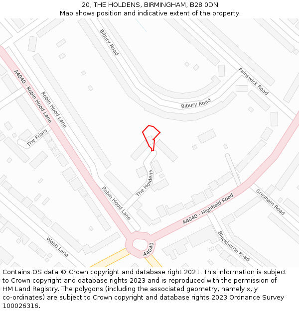 20, THE HOLDENS, BIRMINGHAM, B28 0DN: Location map and indicative extent of plot