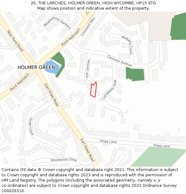 20, THE LARCHES, HOLMER GREEN, HIGH WYCOMBE, HP15 6TG: Location map and indicative extent of plot
