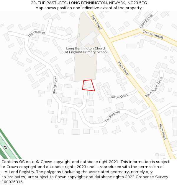 20, THE PASTURES, LONG BENNINGTON, NEWARK, NG23 5EG: Location map and indicative extent of plot