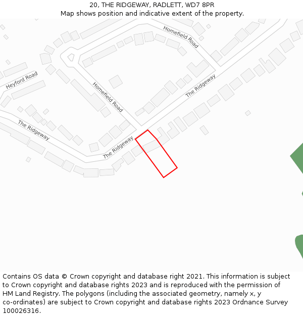 20, THE RIDGEWAY, RADLETT, WD7 8PR: Location map and indicative extent of plot