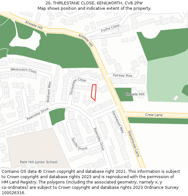 20, THIRLESTANE CLOSE, KENILWORTH, CV8 2PW: Location map and indicative extent of plot