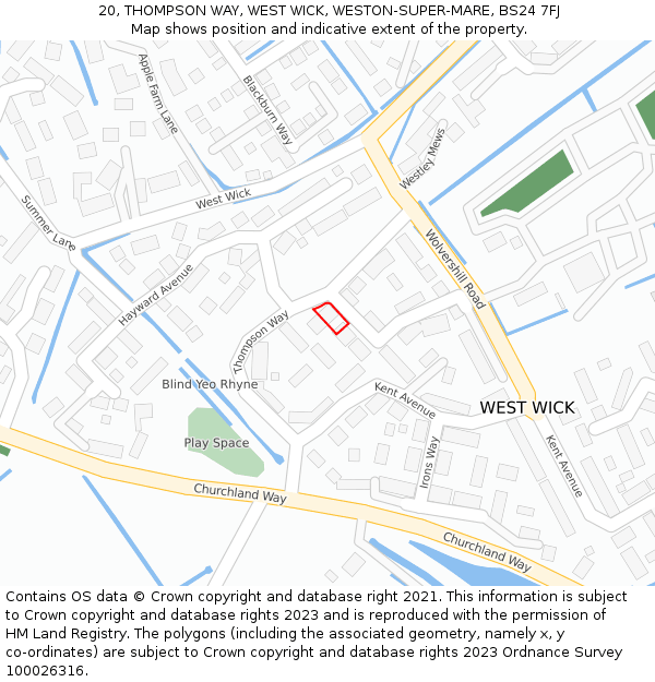 20, THOMPSON WAY, WEST WICK, WESTON-SUPER-MARE, BS24 7FJ: Location map and indicative extent of plot