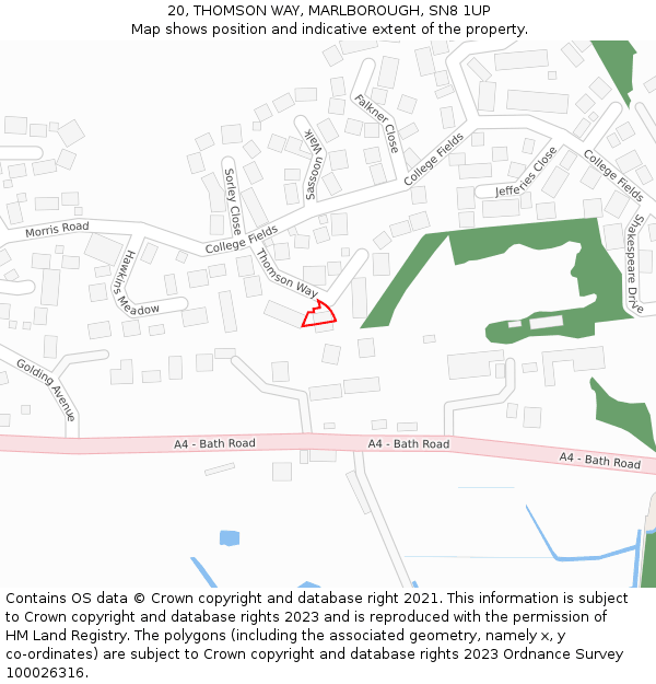 20, THOMSON WAY, MARLBOROUGH, SN8 1UP: Location map and indicative extent of plot