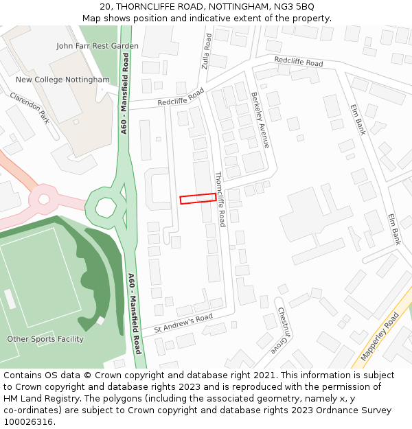 20, THORNCLIFFE ROAD, NOTTINGHAM, NG3 5BQ: Location map and indicative extent of plot