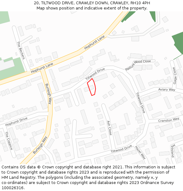 20, TILTWOOD DRIVE, CRAWLEY DOWN, CRAWLEY, RH10 4PH: Location map and indicative extent of plot