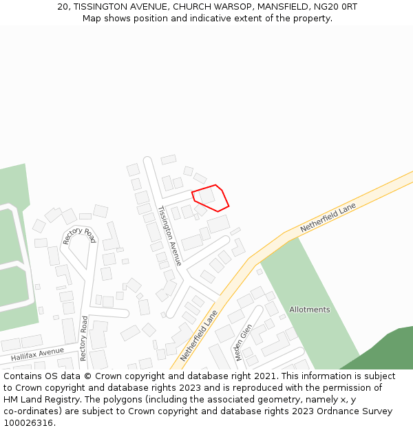 20, TISSINGTON AVENUE, CHURCH WARSOP, MANSFIELD, NG20 0RT: Location map and indicative extent of plot