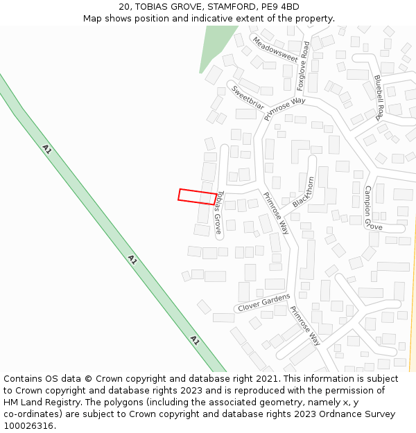 20, TOBIAS GROVE, STAMFORD, PE9 4BD: Location map and indicative extent of plot