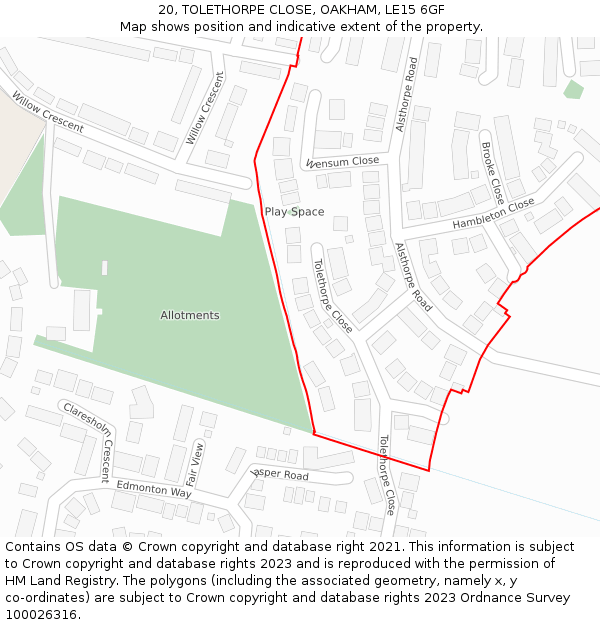 20, TOLETHORPE CLOSE, OAKHAM, LE15 6GF: Location map and indicative extent of plot