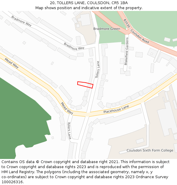 20, TOLLERS LANE, COULSDON, CR5 1BA: Location map and indicative extent of plot