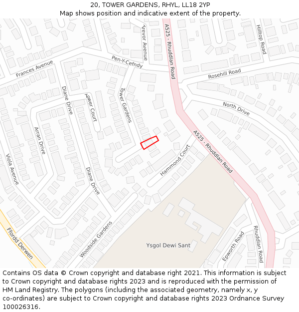 20, TOWER GARDENS, RHYL, LL18 2YP: Location map and indicative extent of plot