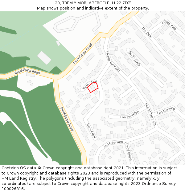 20, TREM Y MOR, ABERGELE, LL22 7DZ: Location map and indicative extent of plot